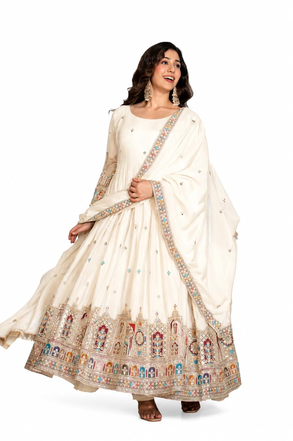 Girl's Fashion Hub's Navy Blue Color Anarkali Gown with Dupatta, Gold Embroidery, Ethnic Wear for Women (in, Alpha, 3XL, Regular, Off White)