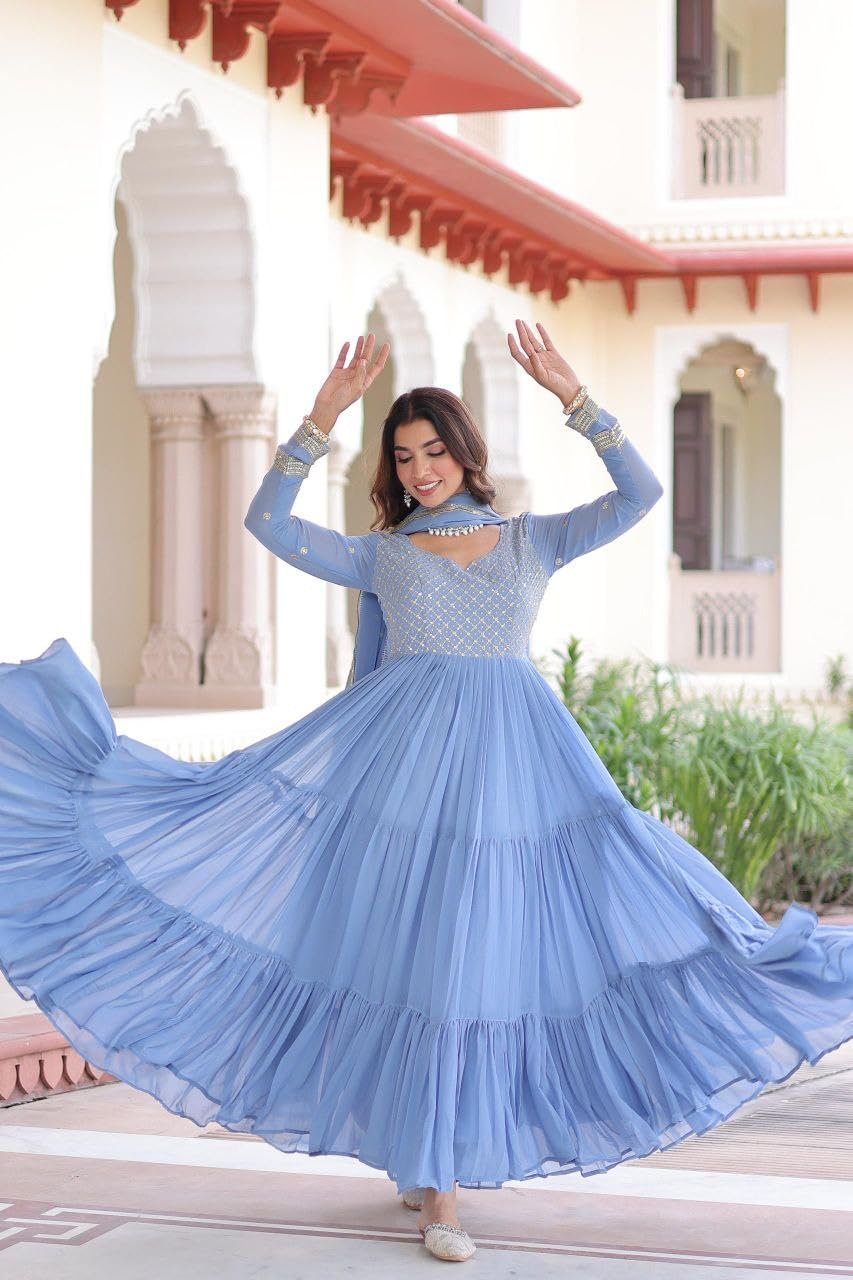 Forteo Fashion Women Traditional Anarkali Dress, Faux Georgette Floor Length Gown with Silver Embroidered Yoke, Gown, (in, Alpha, Regular, Sky) - Image 2