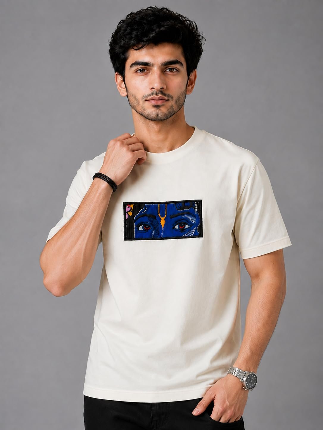 Men’s Pure Heavy Cotton T-Shirt with Embroidery Graphic Design, Premium Crew Neck Half Sleeve Regular Fit Casual Streetwear Tee for Men (in, Alpha, Off White) - Image 5