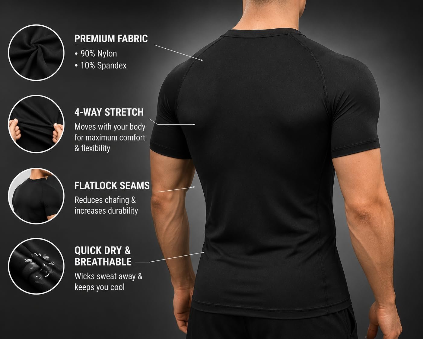 Men's Half Sleeve Compression Gym T-Shirt Dry Fit Black - Image 4