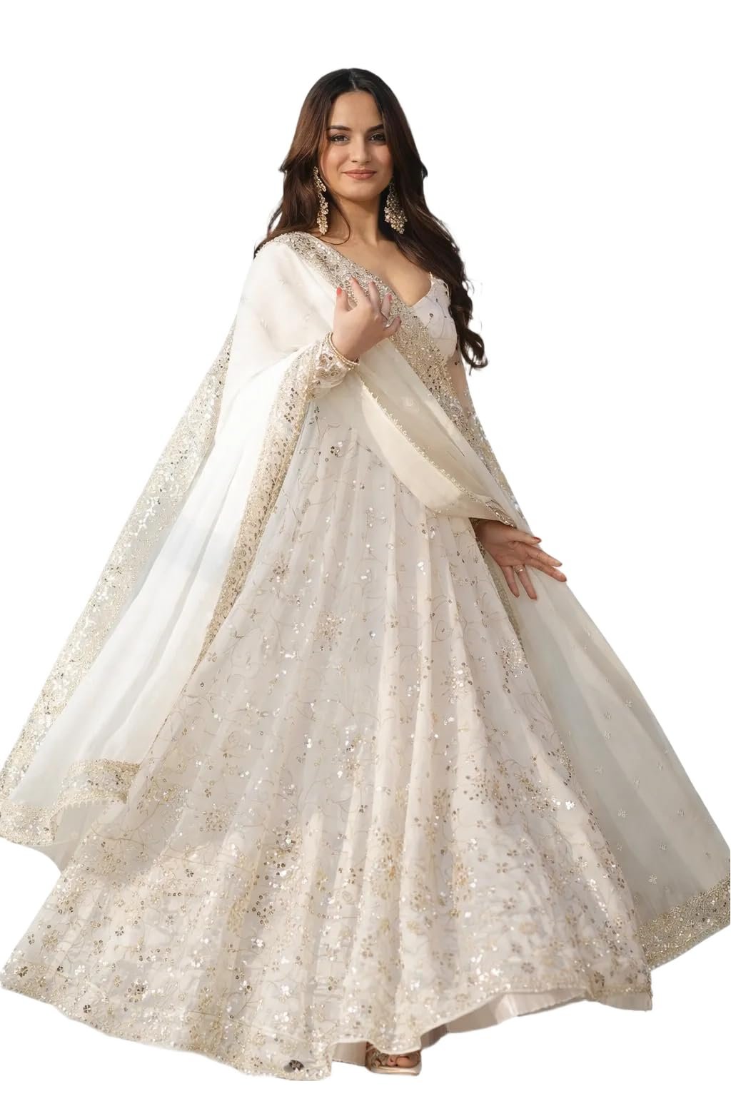 Women Faux Georgette Anarkali Gown Set with Dupatta Embroidery Sequins Work Ethnic Wear White