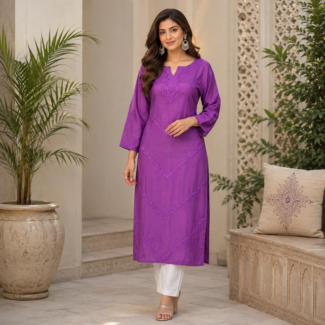 Women's Purple Maslin Kurti with Chikankari Hand Embroidered V Pattern, Long Sleeves, Casual Wear (in, Alpha, Regular, Purple) - Image 5