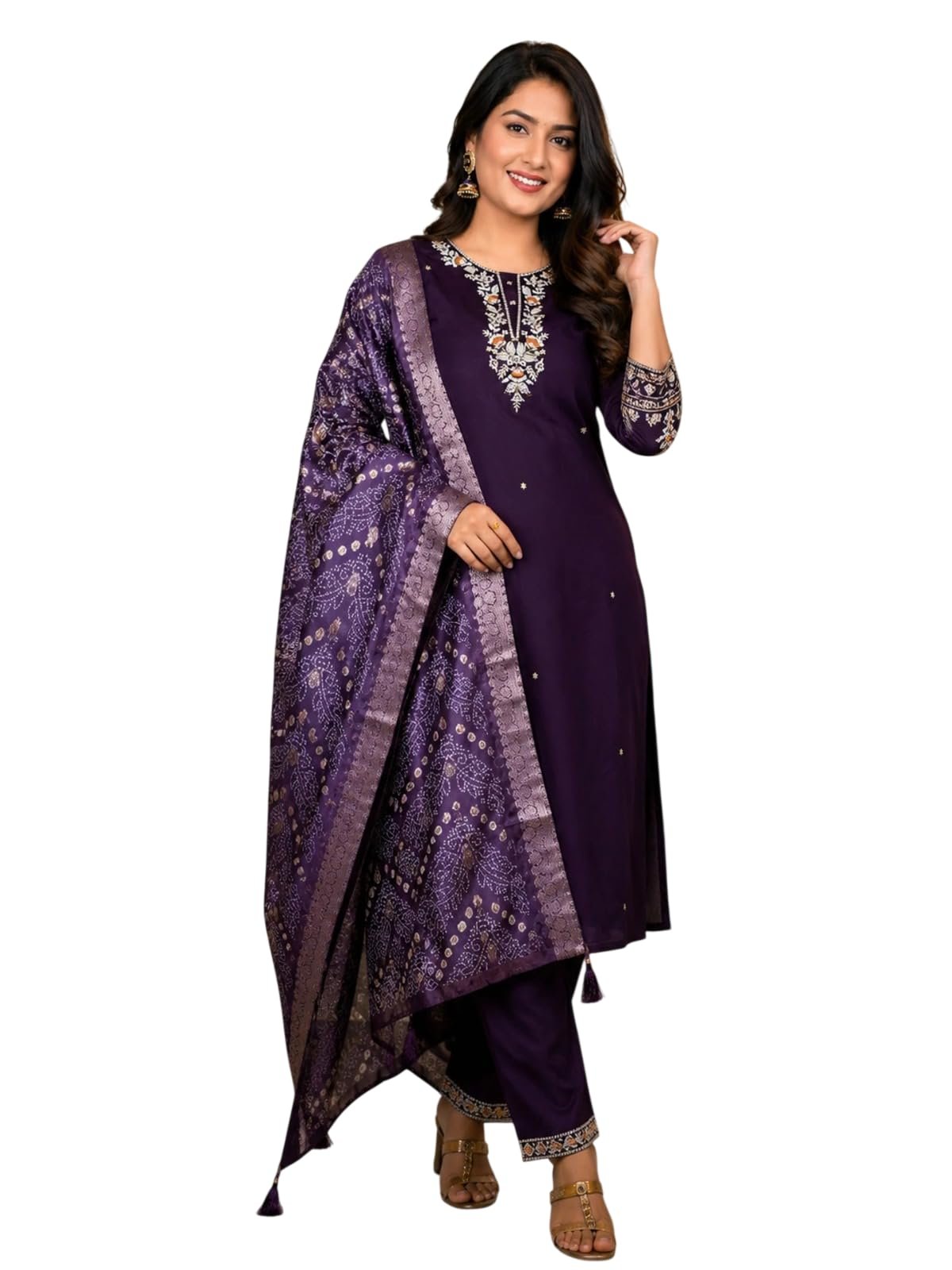 Women's Beautiful Kanchi Cotton Blend Salwar Suit And Jecquard Printed kurti Set with Round Neck,3/4 Sleeve Traditional Kurti set For Any Occasion (IN, Alpha, 6XL, Regular, Women, Purple)