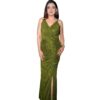 Women's Olive Green Sequin Maxi Gown with Front Slit