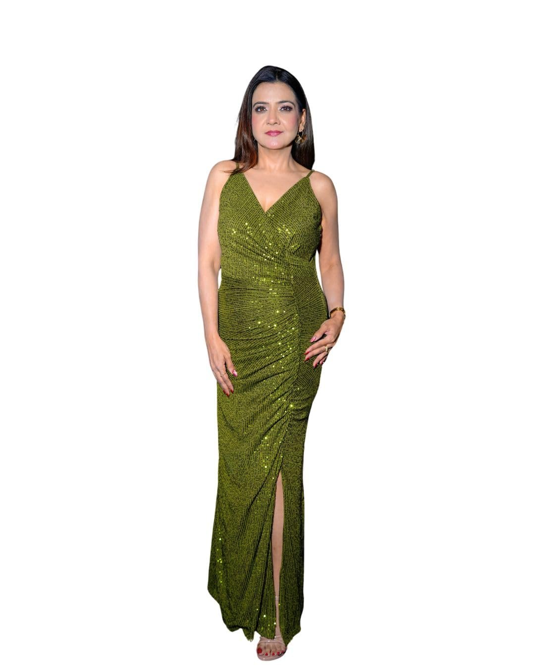 Women's Olive Green Sequin Maxi Gown with Front Slit