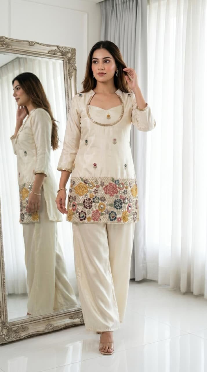 F2G Fashion Women's Silk Blend Embroidered Short Kurti with Wide-Leg Palazzo Pant Set | Ethnic Co-Ord Set for Festive, Party (Off-White/Cream) (in, Alpha, Regular, Off-White) - Image 3