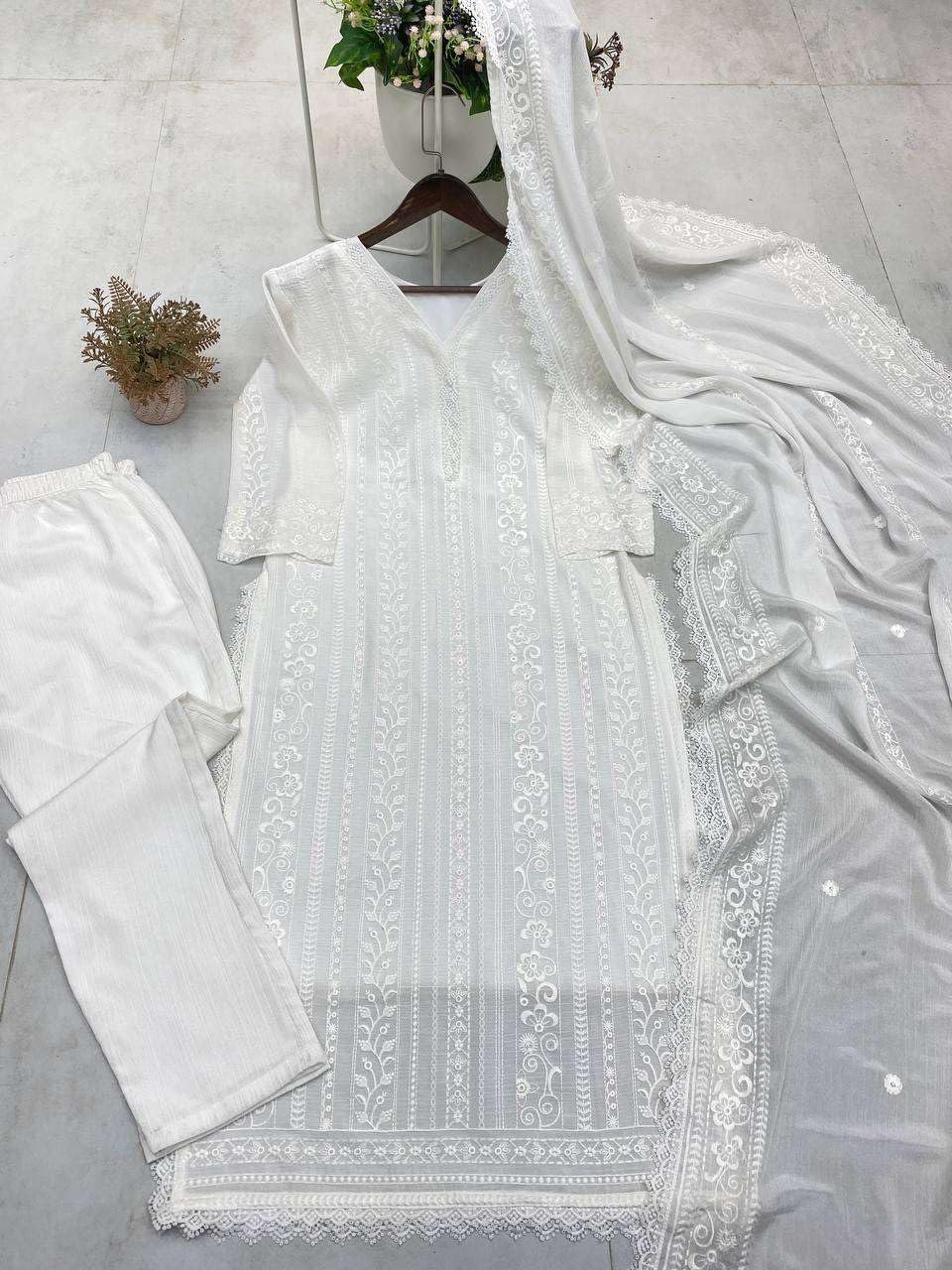 Women's Chinon Silk with Cotton Thread Embroidery Straight Kurti With Pant and Dupatta set (White) - Image 3