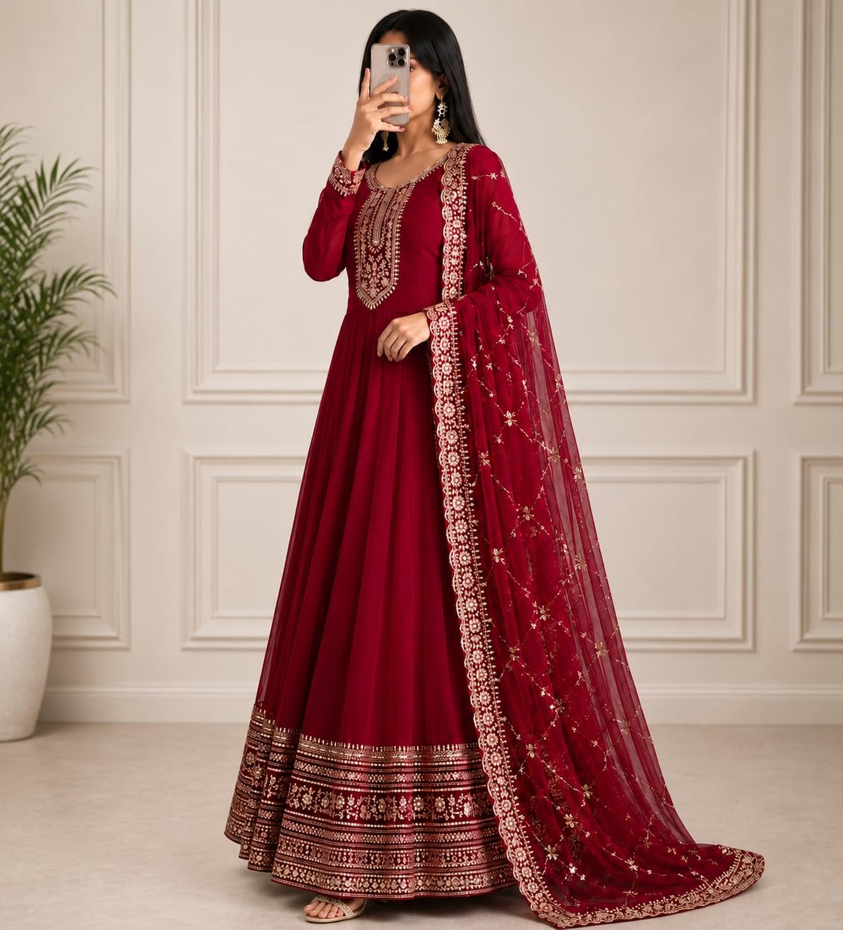 Girl's Fashion Hub's Navy Blue Color Anarkali Gown with Dupatta, Gold Embroidery, Ethnic Wear for Women (in, Alpha, 3XL, Regular, Red) - Image 3