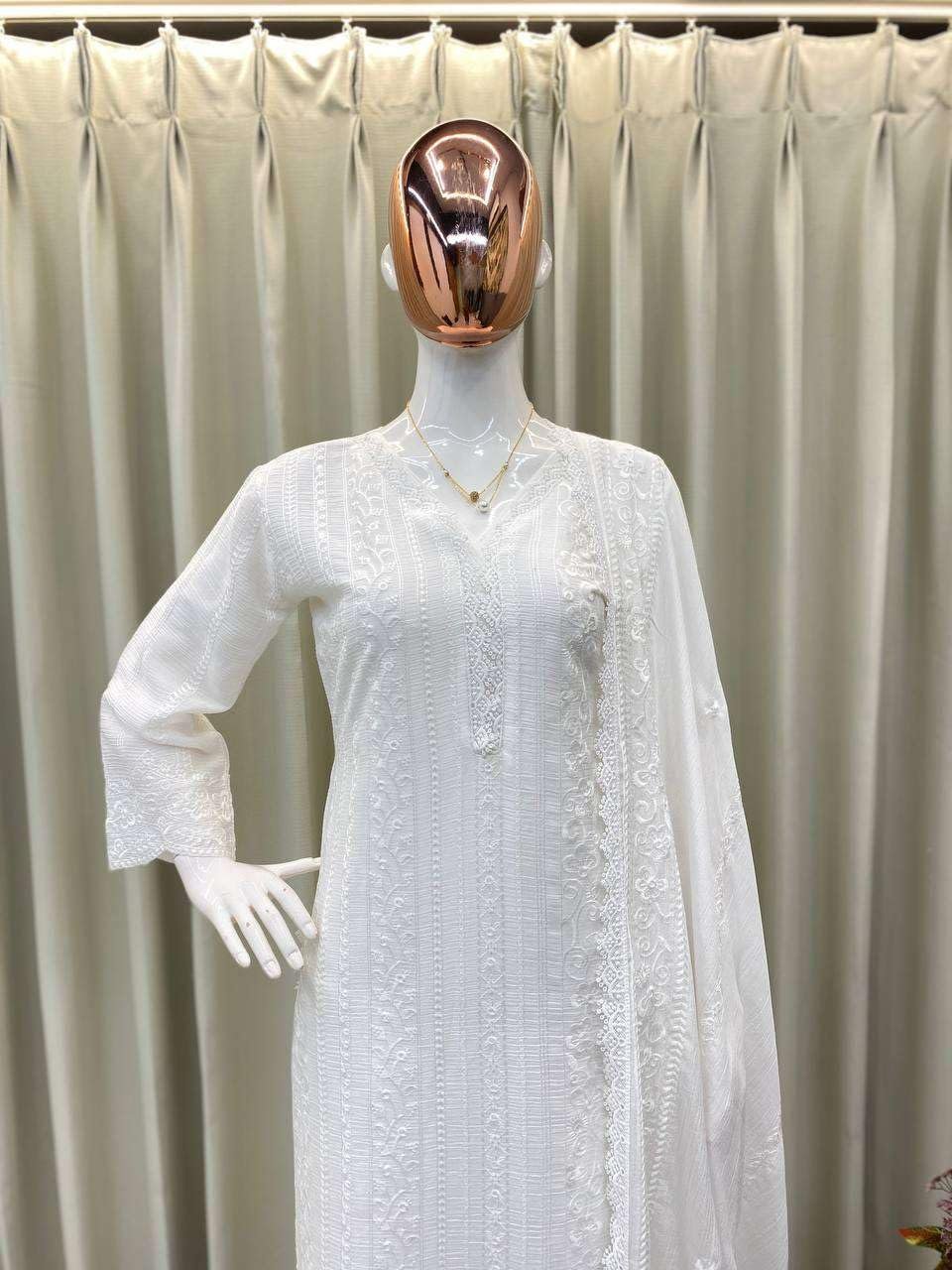 Women's Chinon Silk with Cotton Thread Embroidery Straight Kurti With Pant and Dupatta set (White) - Image 4