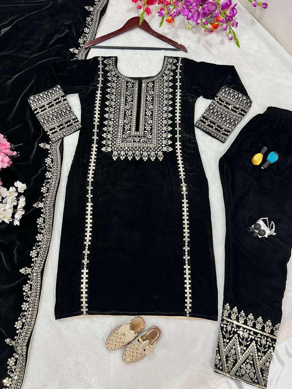 Vlms enterprises Women's Viscose Velvet Embroidery and Sequence Work Straight Kurti with Pant & Dupatta Set (Black) - Image 5