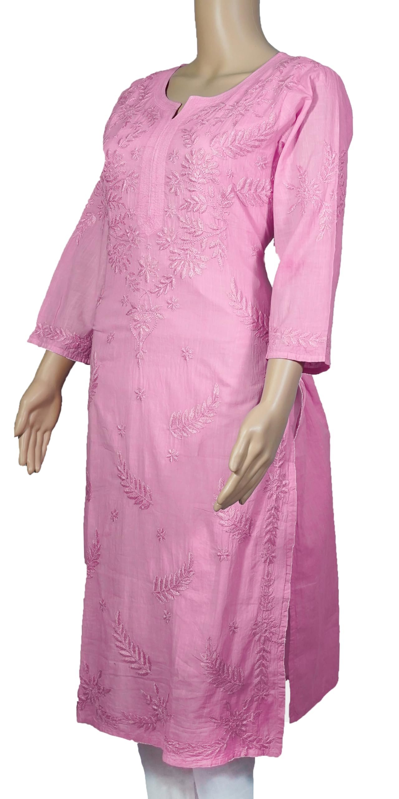 Women's Pink Cotton Kurti with Floral Chikankari Hand Embroidery, 3/4 Sleeve, Casual Wear (in, Alpha, 3XL, Pink) - Image 8