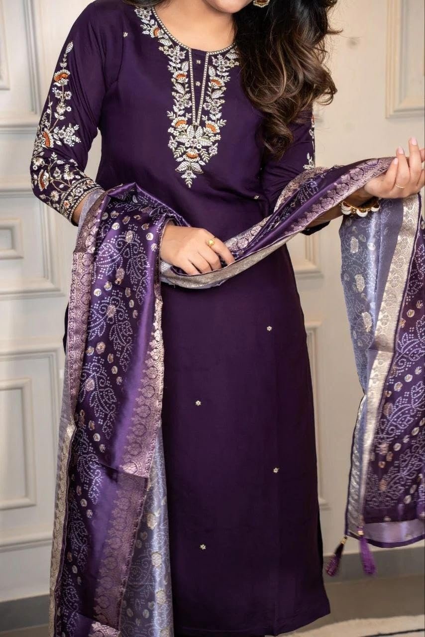 Women's Beautiful Kanchi Cotton Blend Salwar Suit And Jecquard Printed kurti Set with Round Neck,3/4 Sleeve Traditional Kurti set For Any Occasion (IN, Alpha, 6XL, Regular, Women, Purple) - Image 6