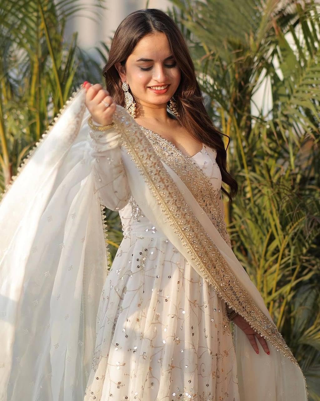Women Faux Georgette Anarkali Gown Set with Dupatta Embroidery Sequins Work Ethnic Wear White - Image 4