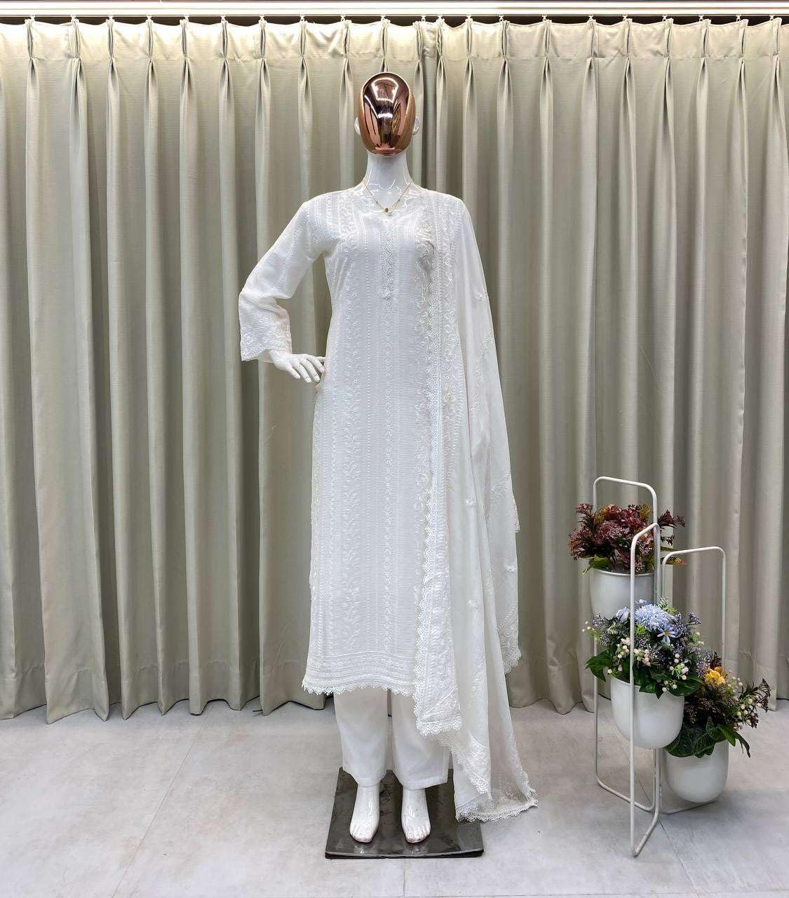 Women's Chinon Silk with Cotton Thread Embroidery Straight Kurti With Pant and Dupatta set (White) - Image 5