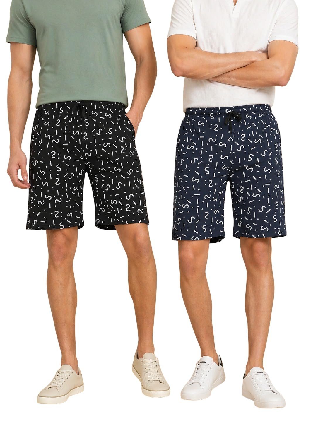 L.N.Creation Mens Cotton Printed Shorts Combo (Pack of 2) | Soft Breathable Lounge & Sleepwear Shorts with Drawstring & Pockets | Casual Black-Navy
