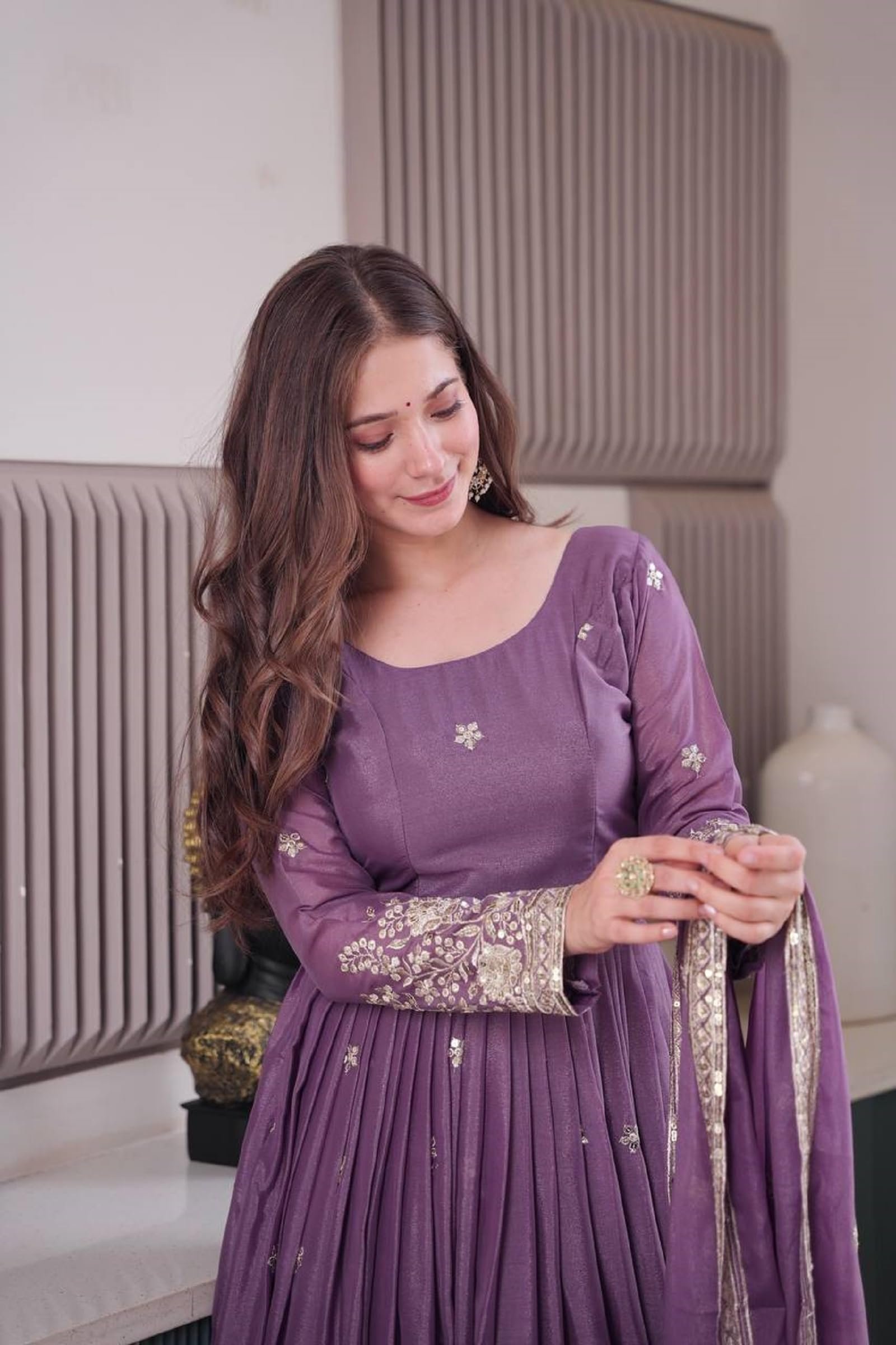 Women Diamond Silk Anarkali Gown with Dupatta | Embroidery Sequins Work Ethnic Outfit | Fully Stitched Lavender - Image 7