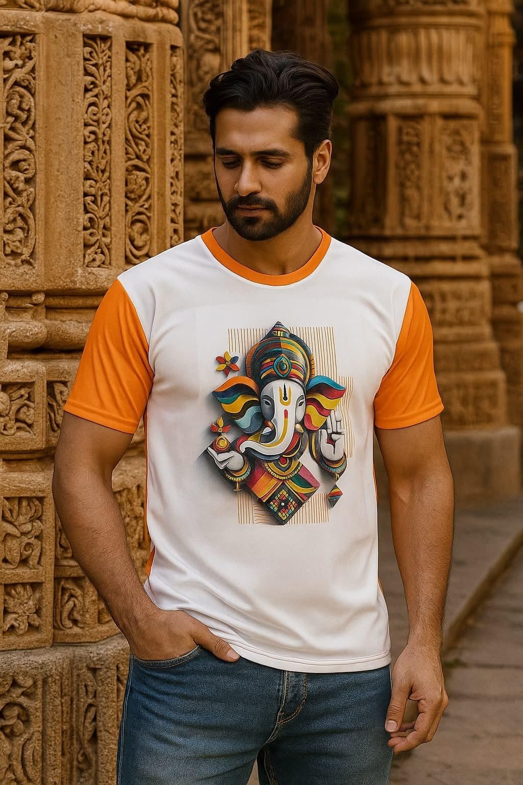 Men's Lord Ganesha Printed Round Neck T-Shirt, Short Sleeve Casual Graphic T-Shirt, White and Orange (L-4, M-4 XL-10, XXL-2 Total 20pc)