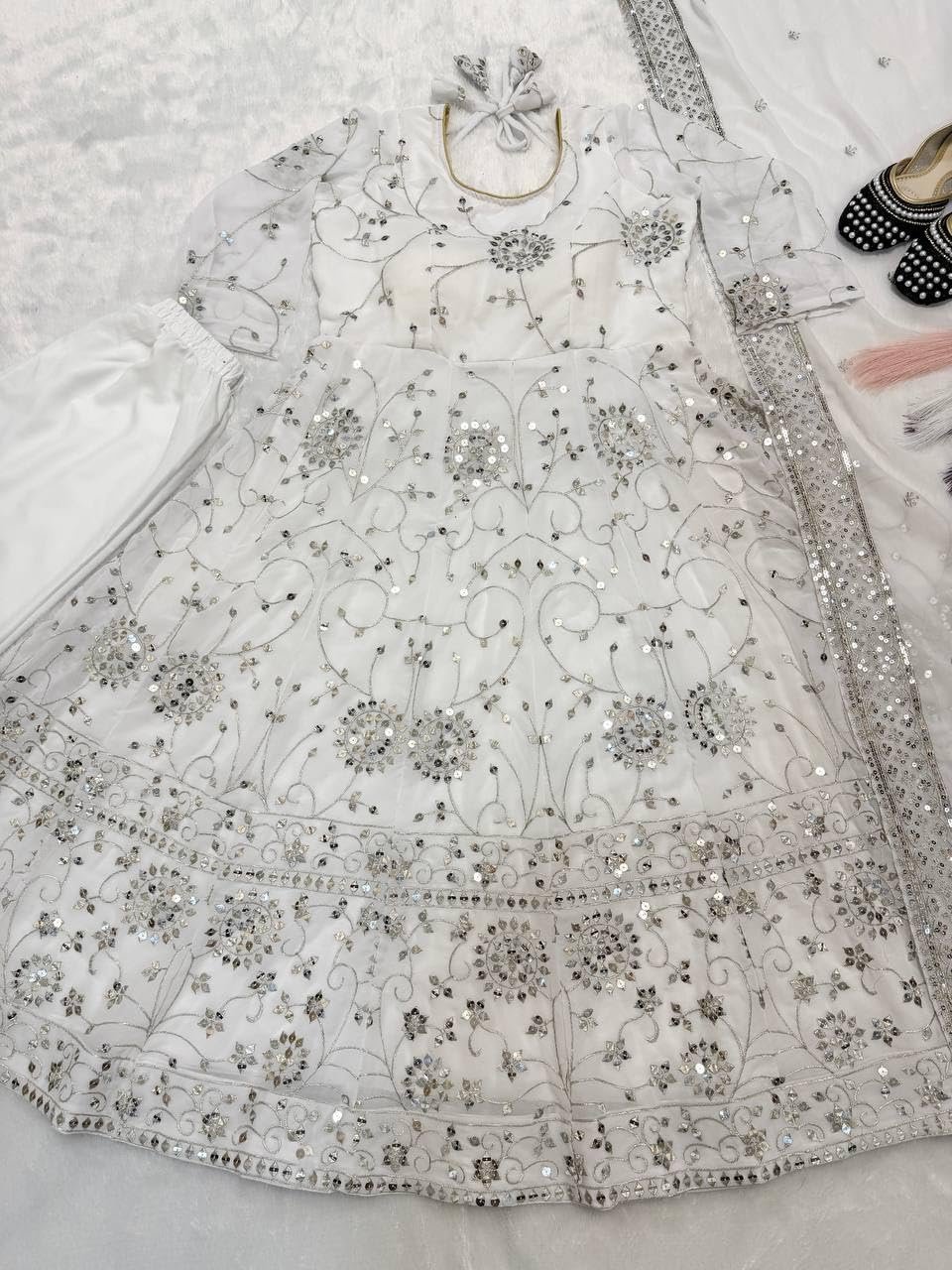 Women Faux Georgette Anarkali Gown Set with Dupatta Embroidery Sequins Work Ethnic Wear White - Image 7