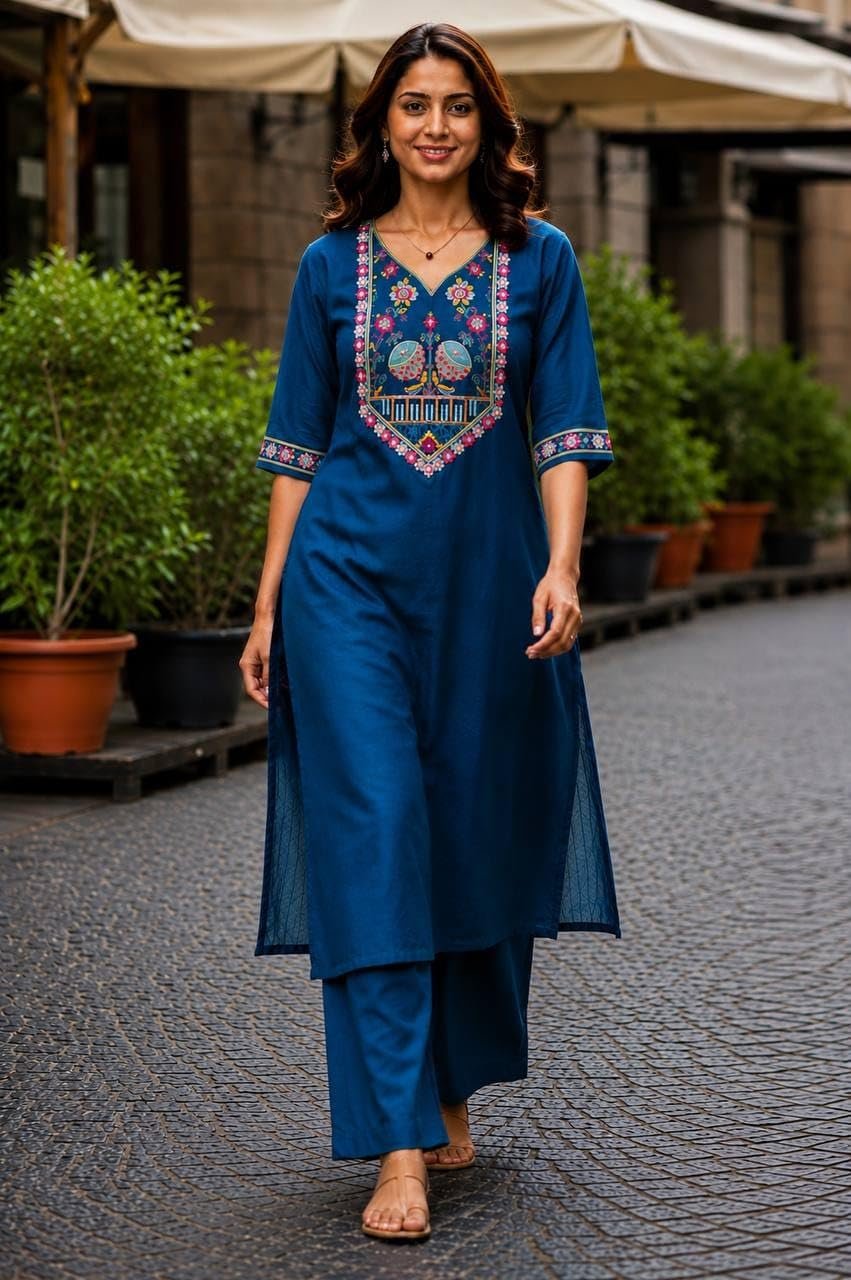 Women's Cotton V-Neck Kurta Set, 3/4 Sleeve Embroidered Festive and Occasion Straight Kurti with Matching Palazzo Pants Blue 3XL - Image 2