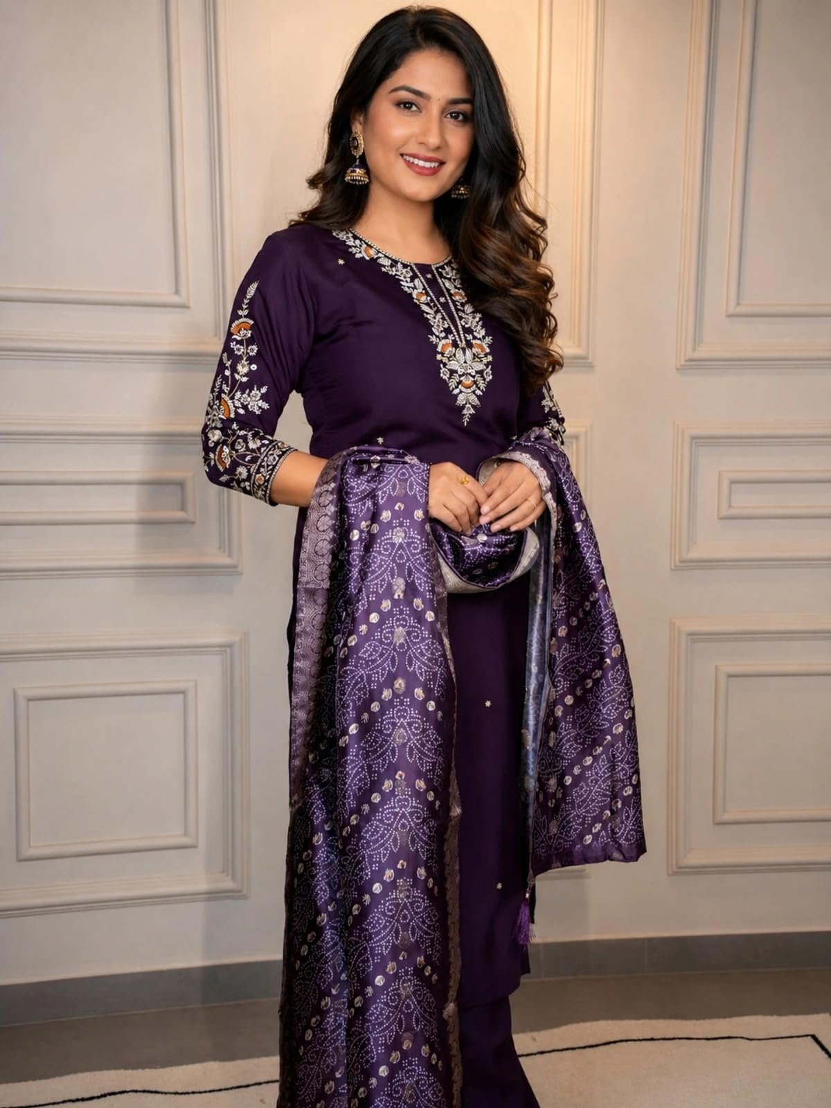 Women's Beautiful Kanchi Cotton Blend Salwar Suit And Jecquard Printed kurti Set with Round Neck,3/4 Sleeve Traditional Kurti set For Any Occasion (IN, Alpha, 6XL, Regular, Women, Purple) - Image 3