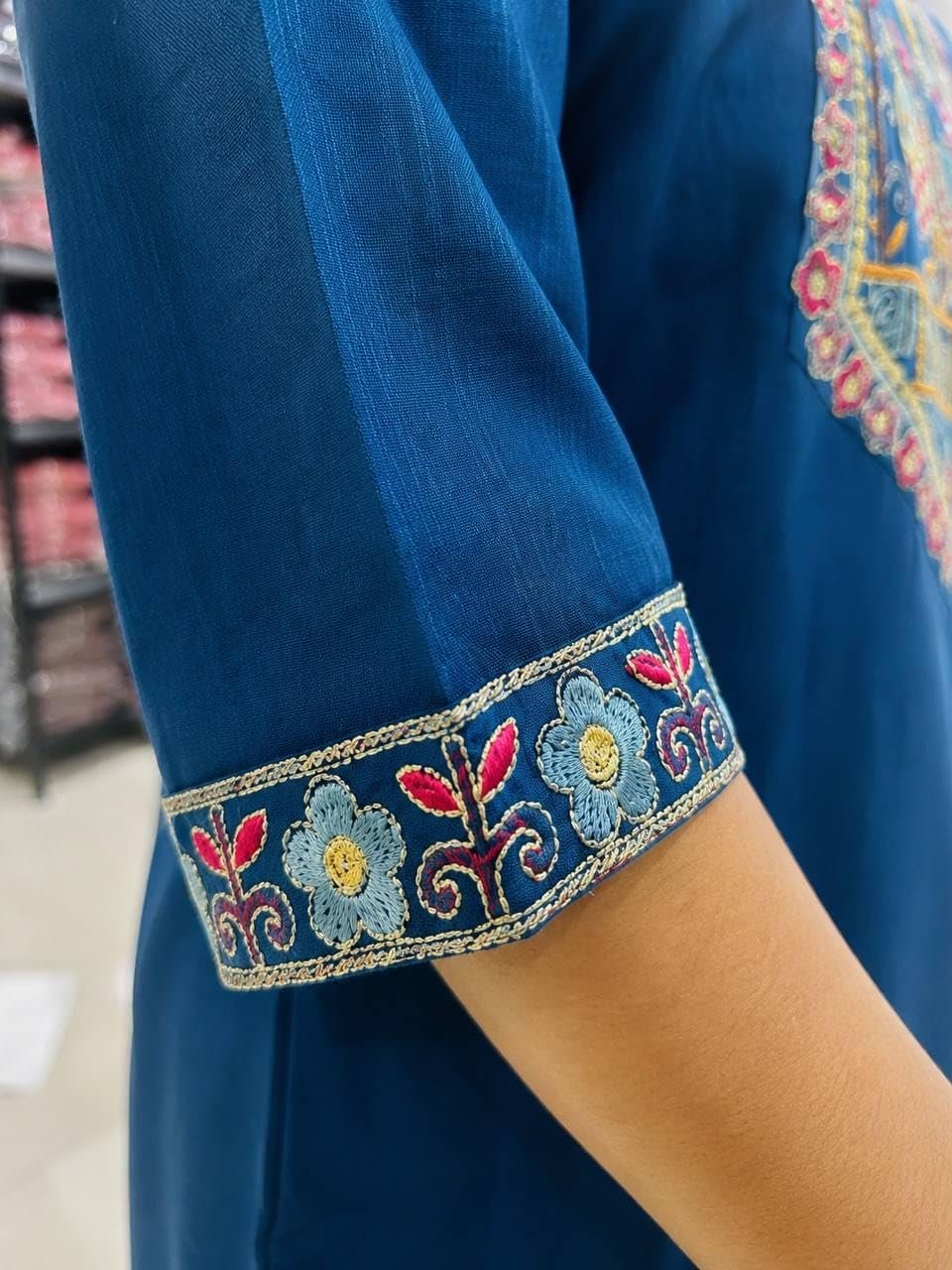 Women's Cotton V-Neck Kurta Set, 3/4 Sleeve Embroidered Festive and Occasion Straight Kurti with Matching Palazzo Pants Blue 3XL - Image 5