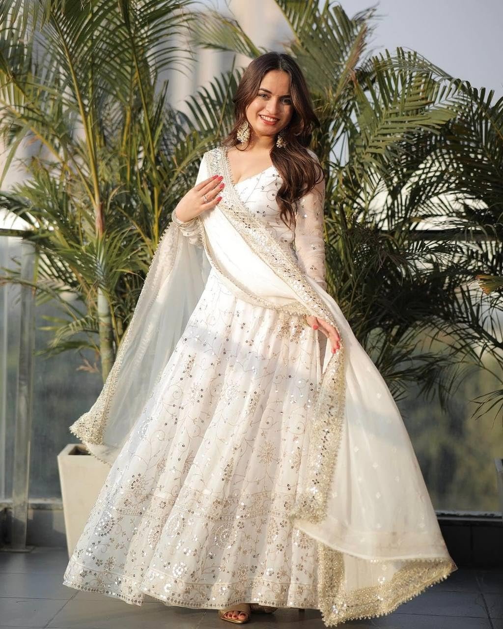 Women Faux Georgette Anarkali Gown Set with Dupatta Embroidery Sequins Work Ethnic Wear White - Image 3