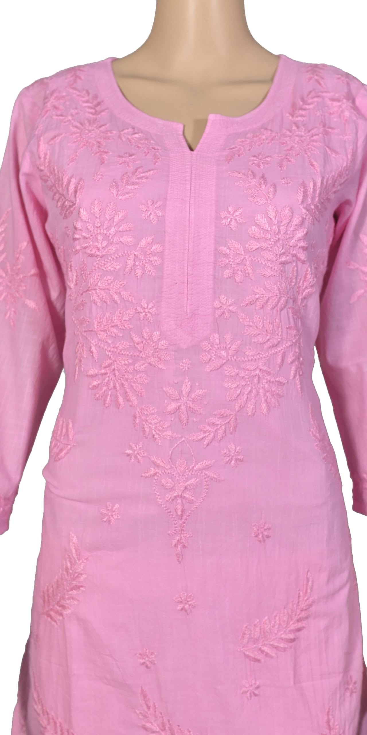 Women's Pink Cotton Kurti with Floral Chikankari Hand Embroidery, 3/4 Sleeve, Casual Wear (in, Alpha, 3XL, Pink) - Image 4