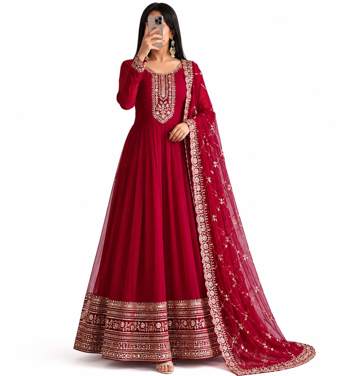 Girl's Fashion Hub's Navy Blue Color Anarkali Gown with Dupatta, Gold Embroidery, Ethnic Wear for Women (in, Alpha, 3XL, Regular, Red)