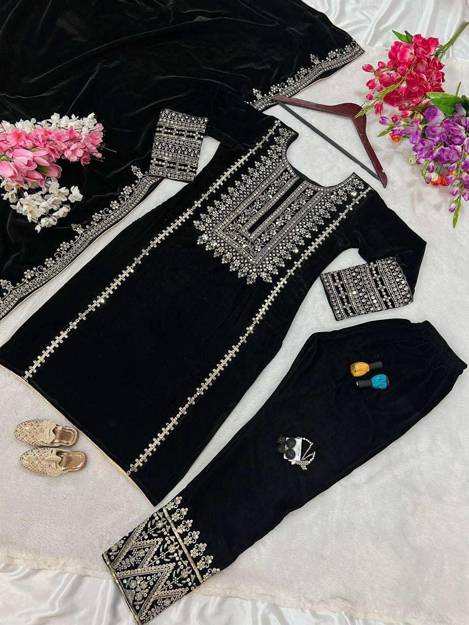 Vlms enterprises Women's Viscose Velvet Embroidery and Sequence Work Straight Kurti with Pant & Dupatta Set (Black) - Image 4