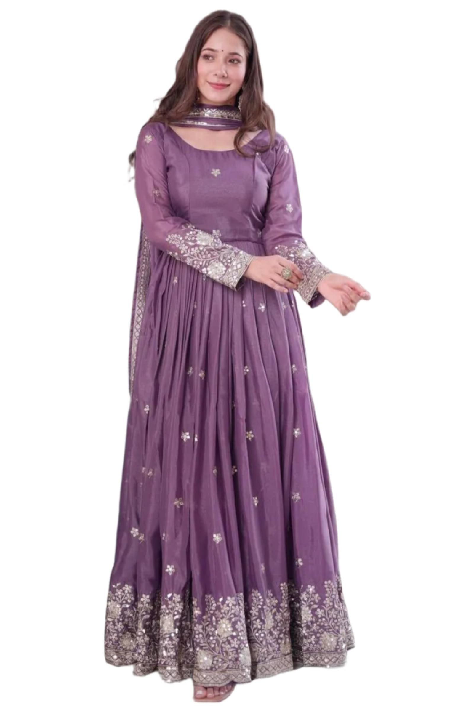 Women Diamond Silk Anarkali Gown with Dupatta | Embroidery Sequins Work Ethnic Outfit | Fully Stitched Lavender