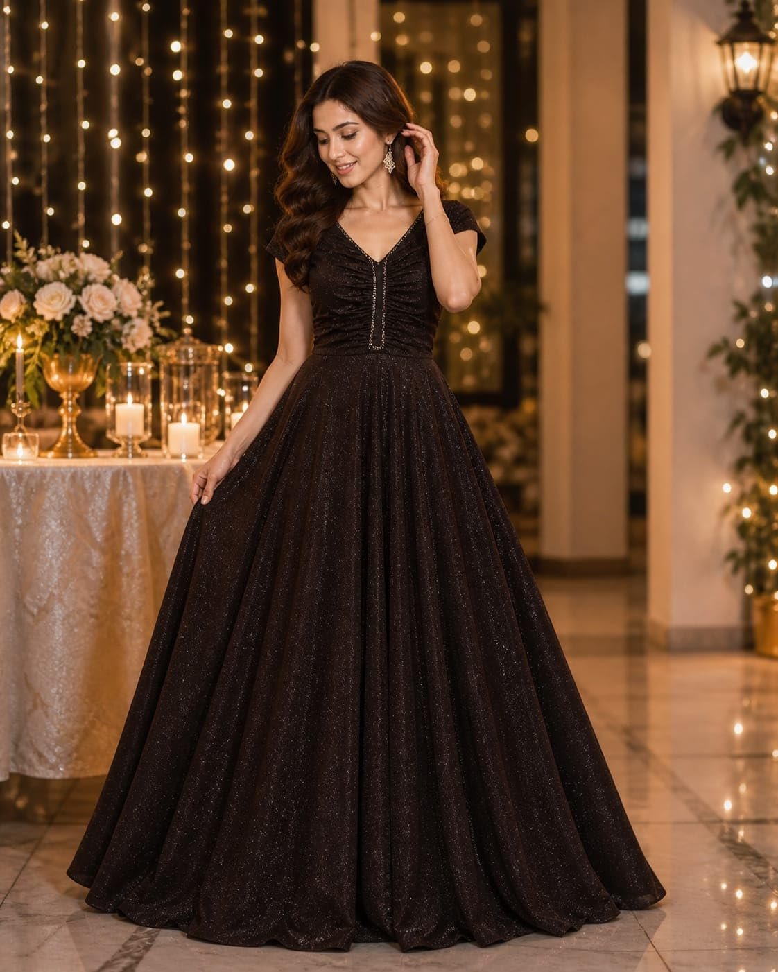 Women's Sparkly Sequin Evening Gown - V-Neck, Sleeveless, A-Line Long Maxi Dress with Short Sleeves for Receptions, Weddings & Parties (Brown) - Image 3