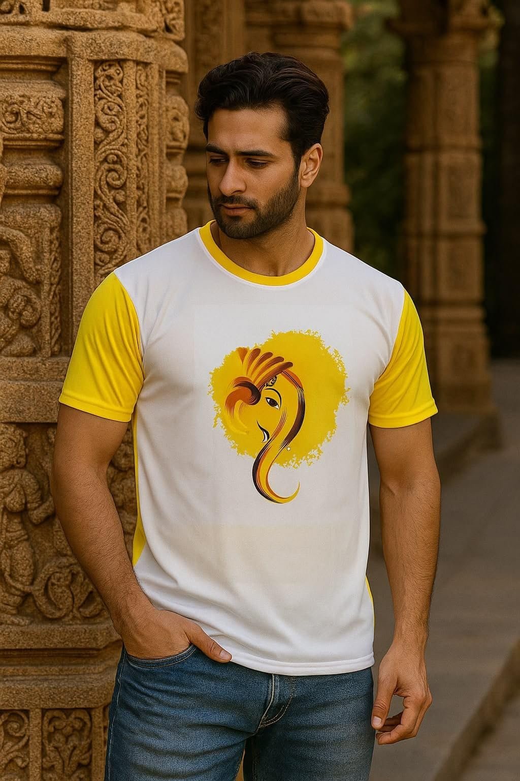 Men's Lord Ganesha Printed Round Neck T-Shirt, Short Sleeve Casual Graphic T-Shirt, White and Yellow (L-4, M-4 XL-10, XXL-2, Total 20pc)
