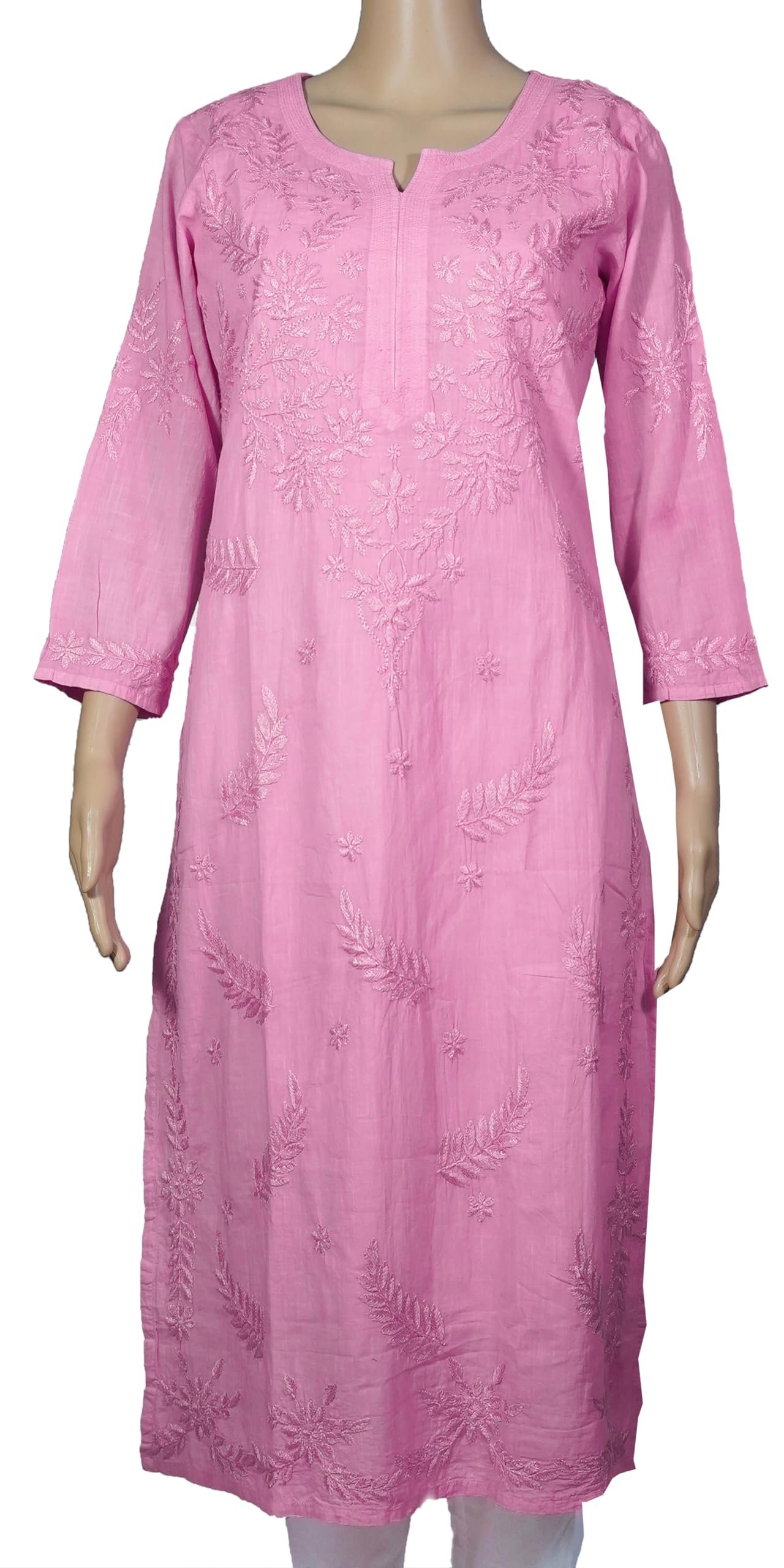 Women's Pink Cotton Kurti with Floral Chikankari Hand Embroidery, 3/4 Sleeve, Casual Wear (in, Alpha, 3XL, Pink) - Image 7