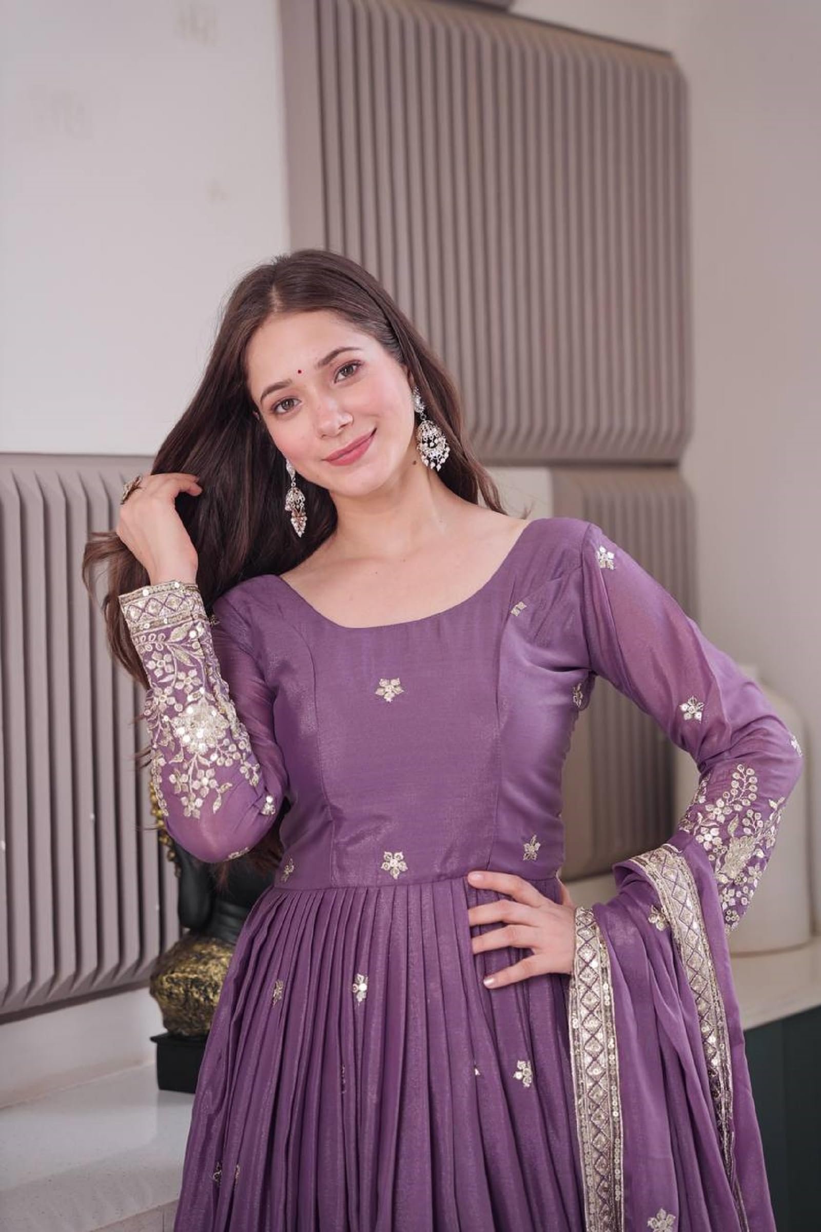 Women Diamond Silk Anarkali Gown with Dupatta | Embroidery Sequins Work Ethnic Outfit | Fully Stitched Lavender - Image 5