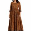 Women's Brown Floral Printed Cotton Anarkali Dress | Round Neck | 3/4 Sleeves | Full Length Ethnic Gown
