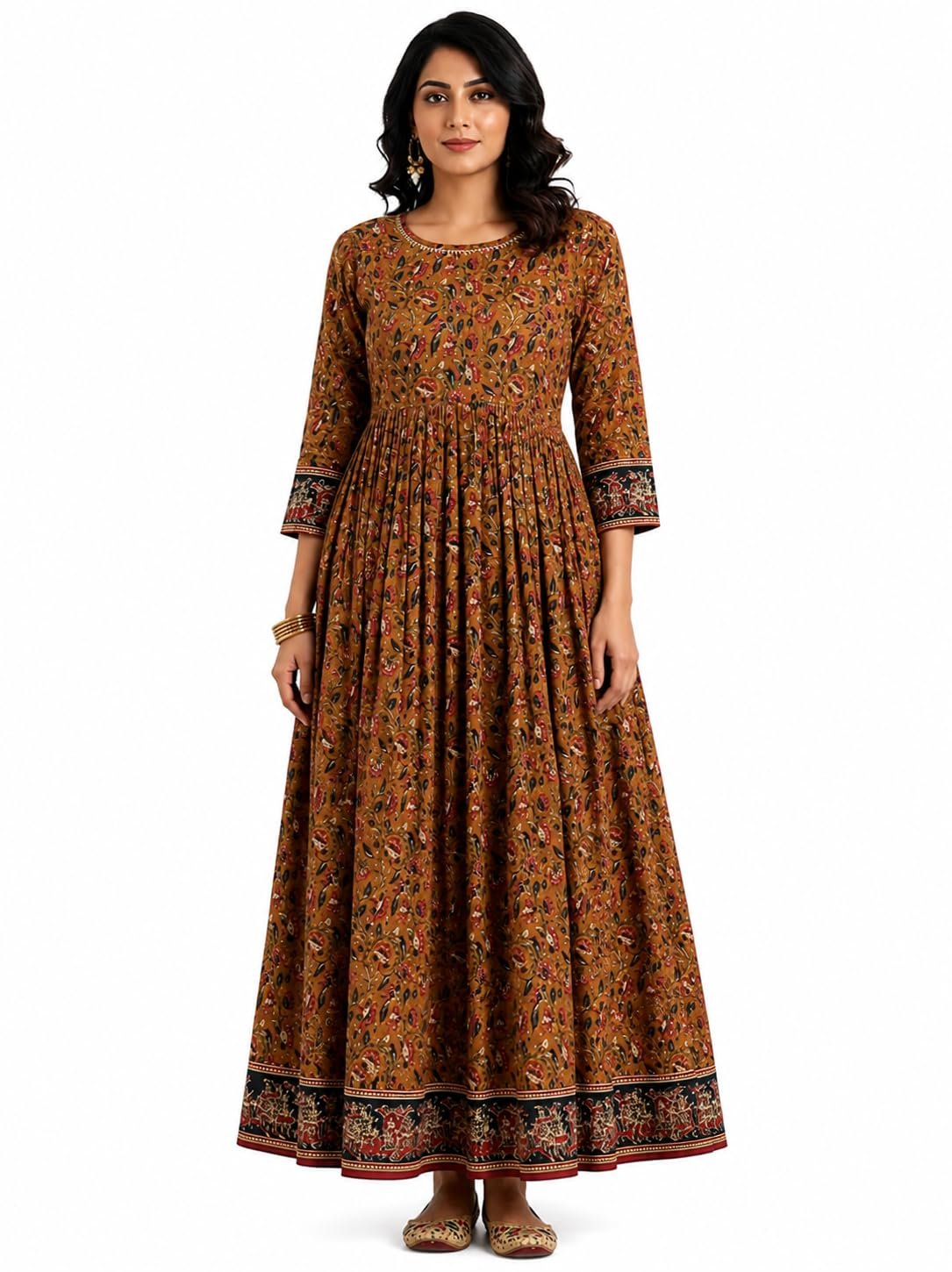 Women's Brown Floral Printed Cotton Anarkali Dress | Round Neck | 3/4 Sleeves | Full Length Ethnic Gown