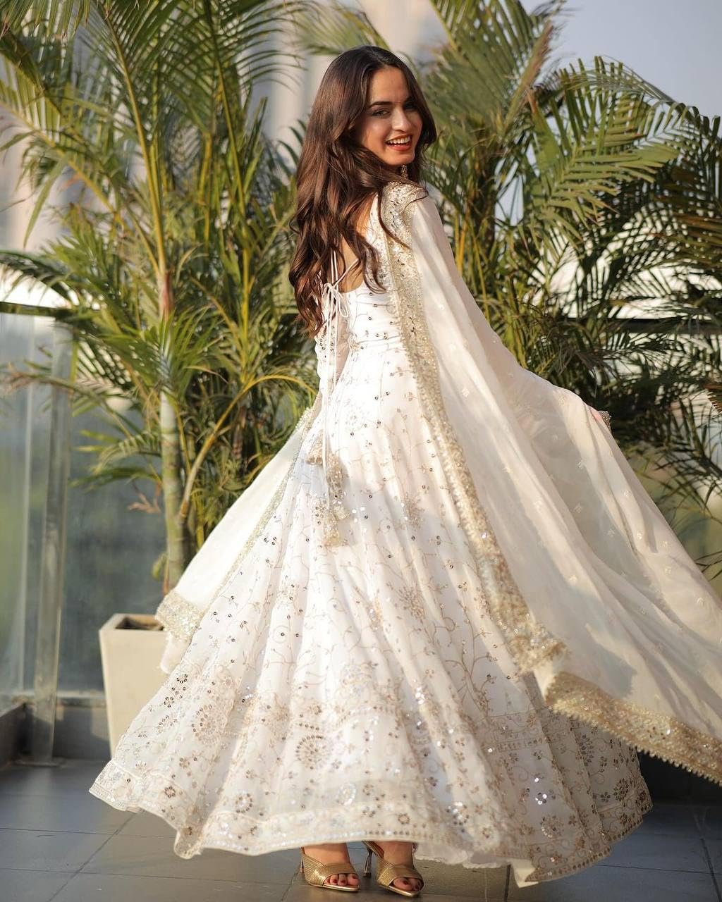 Women Faux Georgette Anarkali Gown Set with Dupatta Embroidery Sequins Work Ethnic Wear White - Image 2
