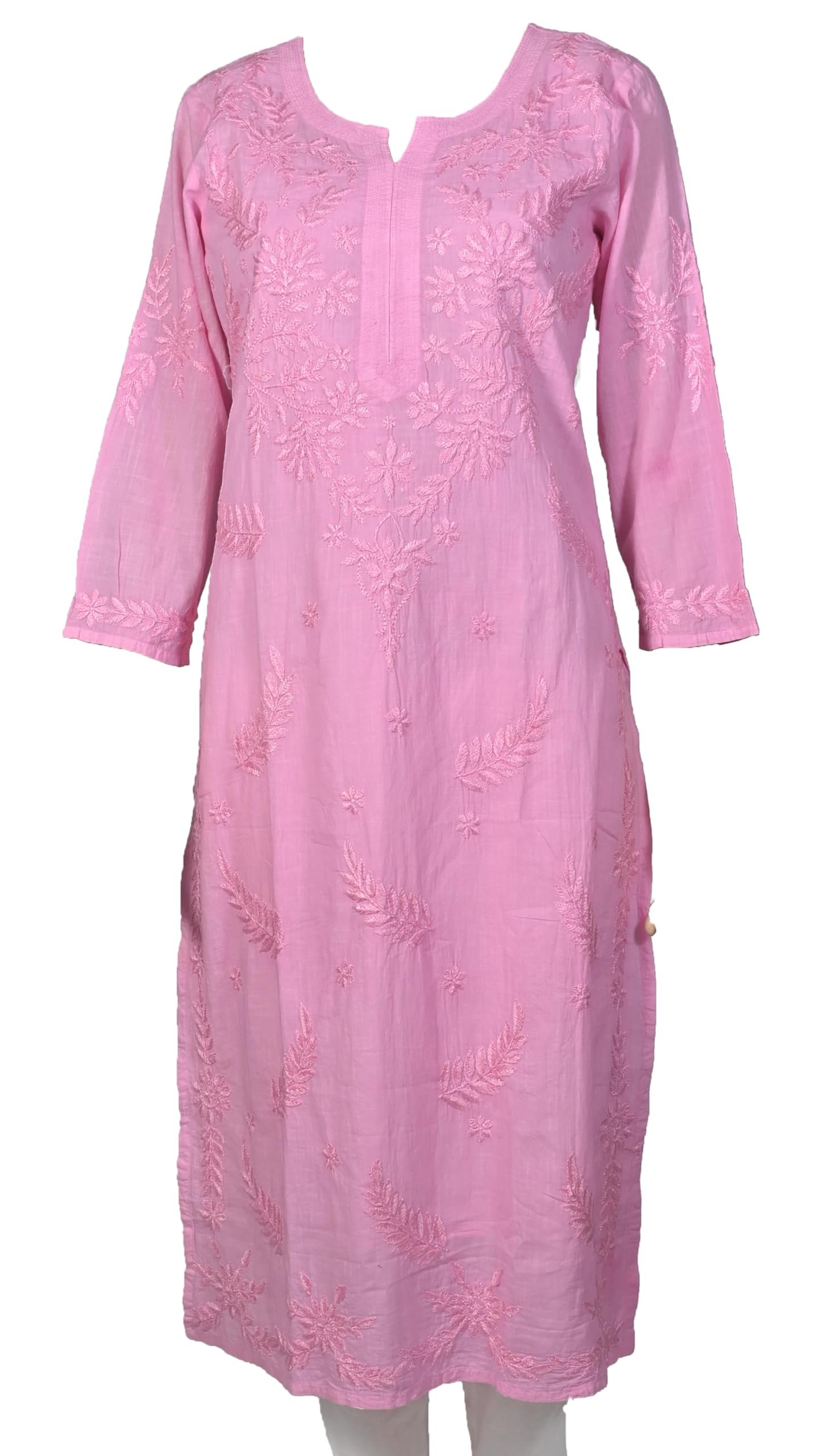 Women's Pink Cotton Kurti with Floral Chikankari Hand Embroidery, 3/4 Sleeve, Casual Wear (in, Alpha, 3XL, Pink)