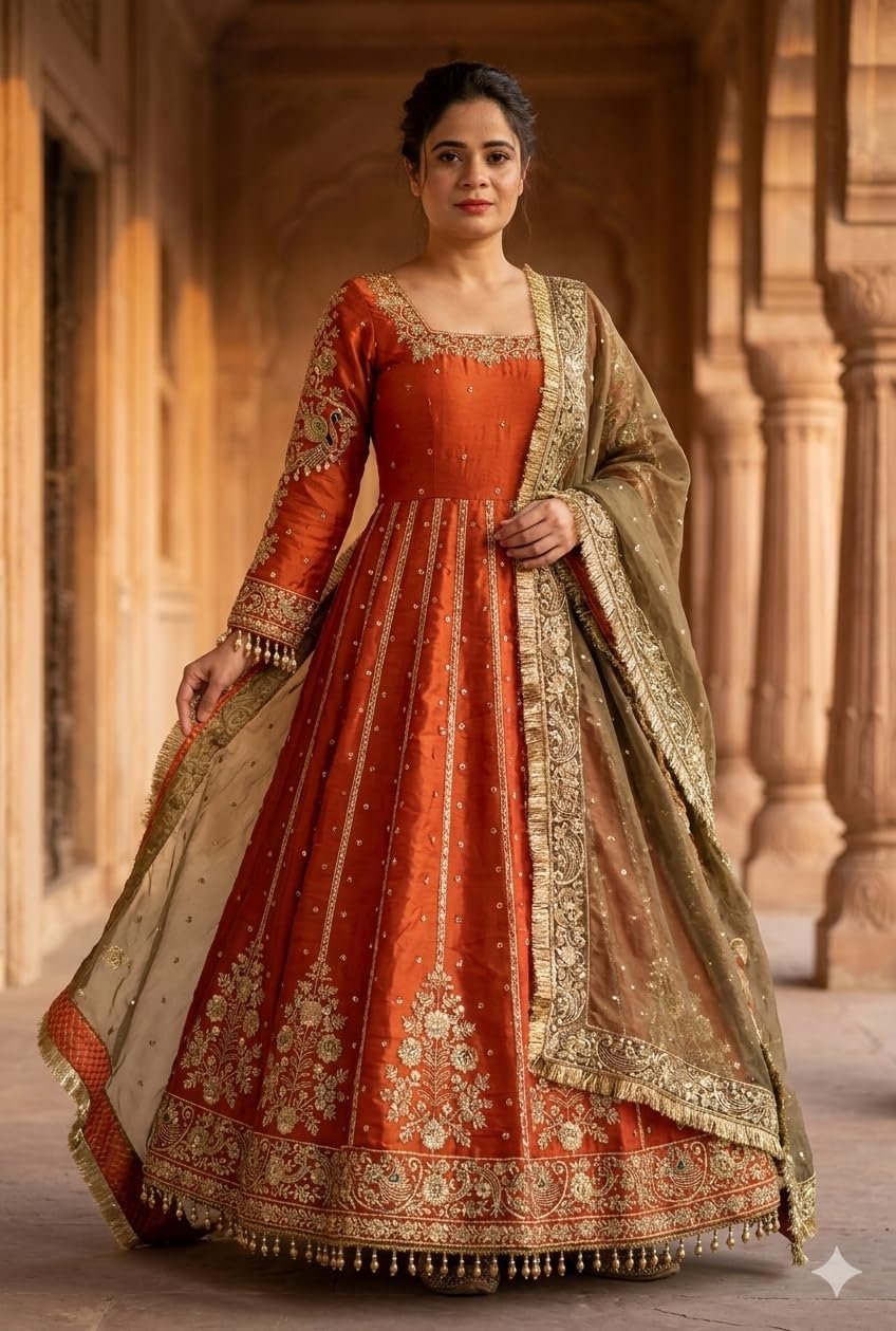 NOORBYNIDHI WOMEN'S LUXE FANDY SILK WITH EMBROIDERY & 5MM SEQUENCE WORK WITH FULL SLEEVE AND LACE|TRENDY TRENDY ETHNIC GOWN SET FOR WOMEN (253-313 ORANGE) - Image 3
