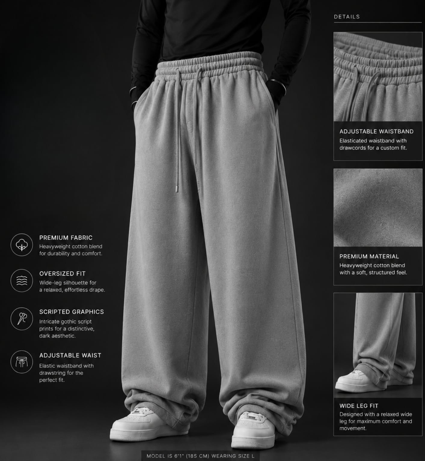Men's Aesthetic Wide Leg Pants | Gothic Tribal Graphic Baggy Trousers | Oversized Relaxed Fit Streetwear Track Pants (in, Alpha, XL, Regular, Gery) - Image 7