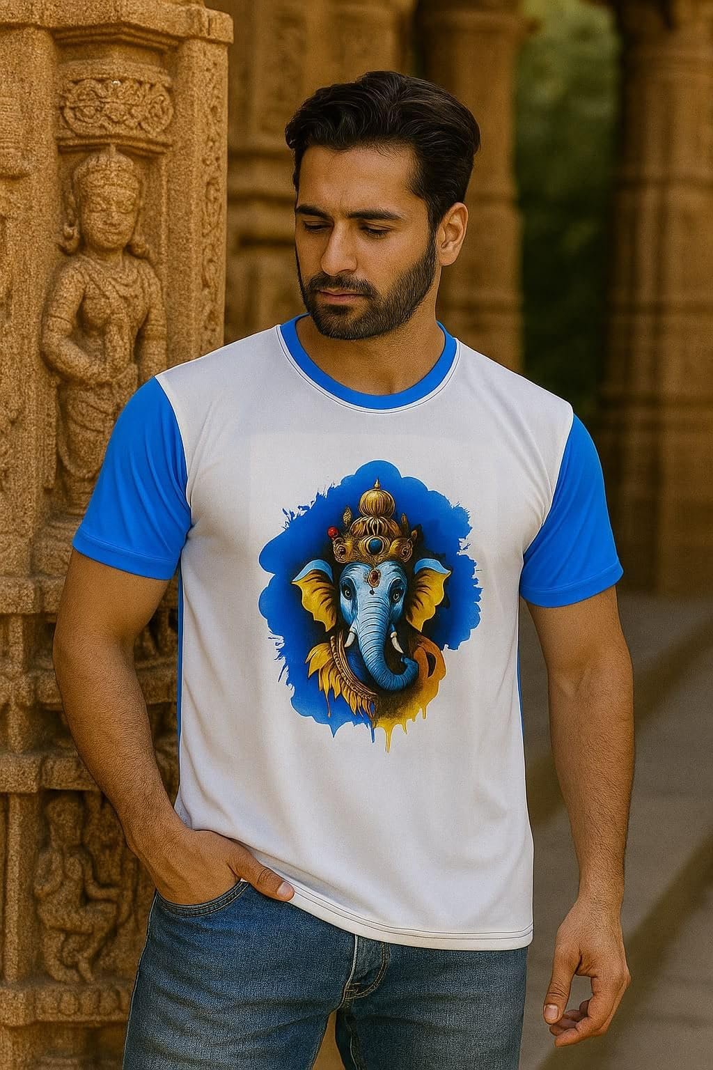 Men's Lord Ganesha Printed Round Neck T-Shirt, Short Sleeve Casual Graphic T-Shirt, White and Blue(L-4, M-4 XL-10, XXL-2 Total 20pc)