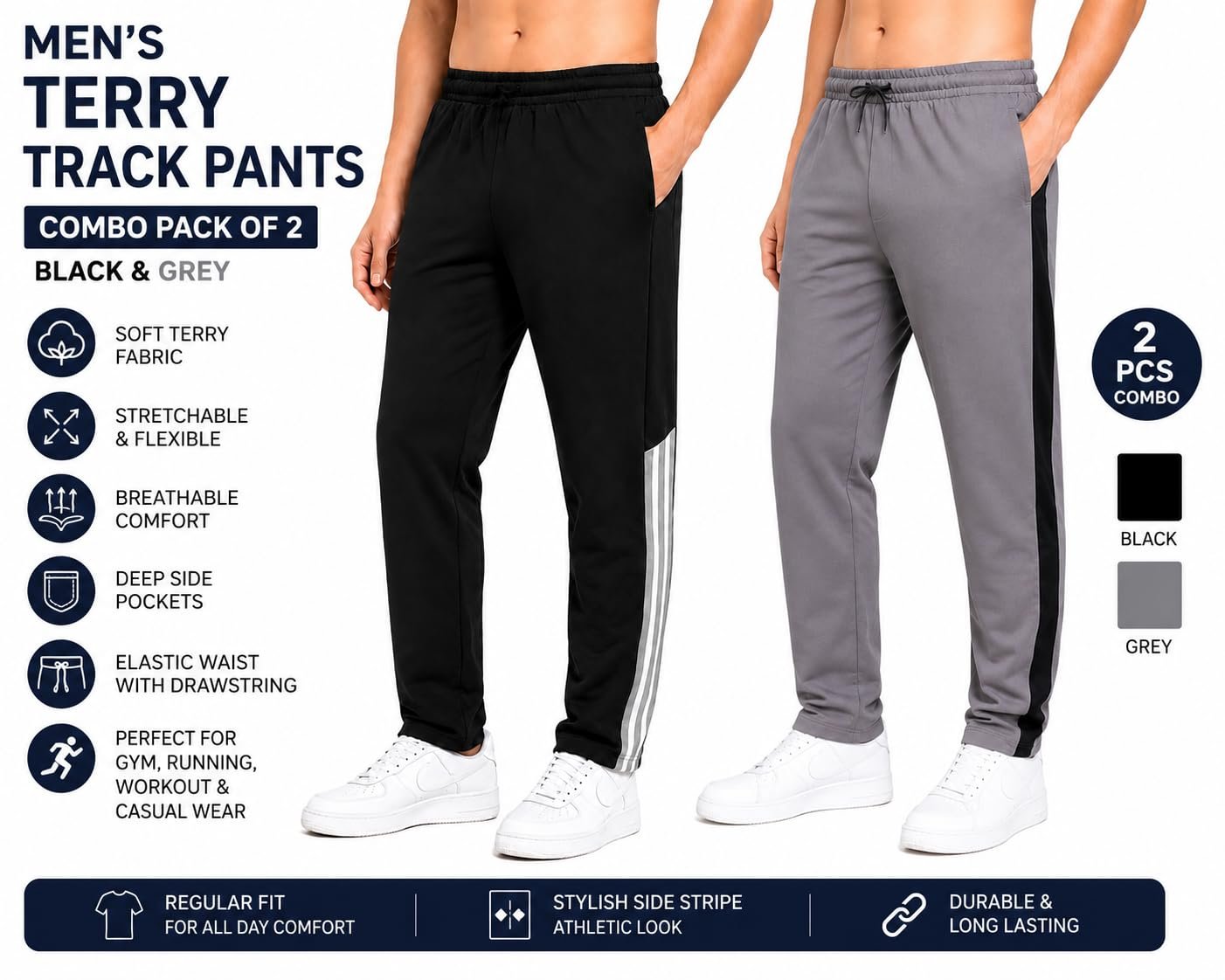 Men's Terry Track Pants Combo Pack of 2 | Black & Grey Regular Fit Sports Joggers | Soft Stretchable Lowers for Gym, Running, Workout & Casual Wear (in, Alpha, XL, Regular, Standard, Black and Grey) - Image 4