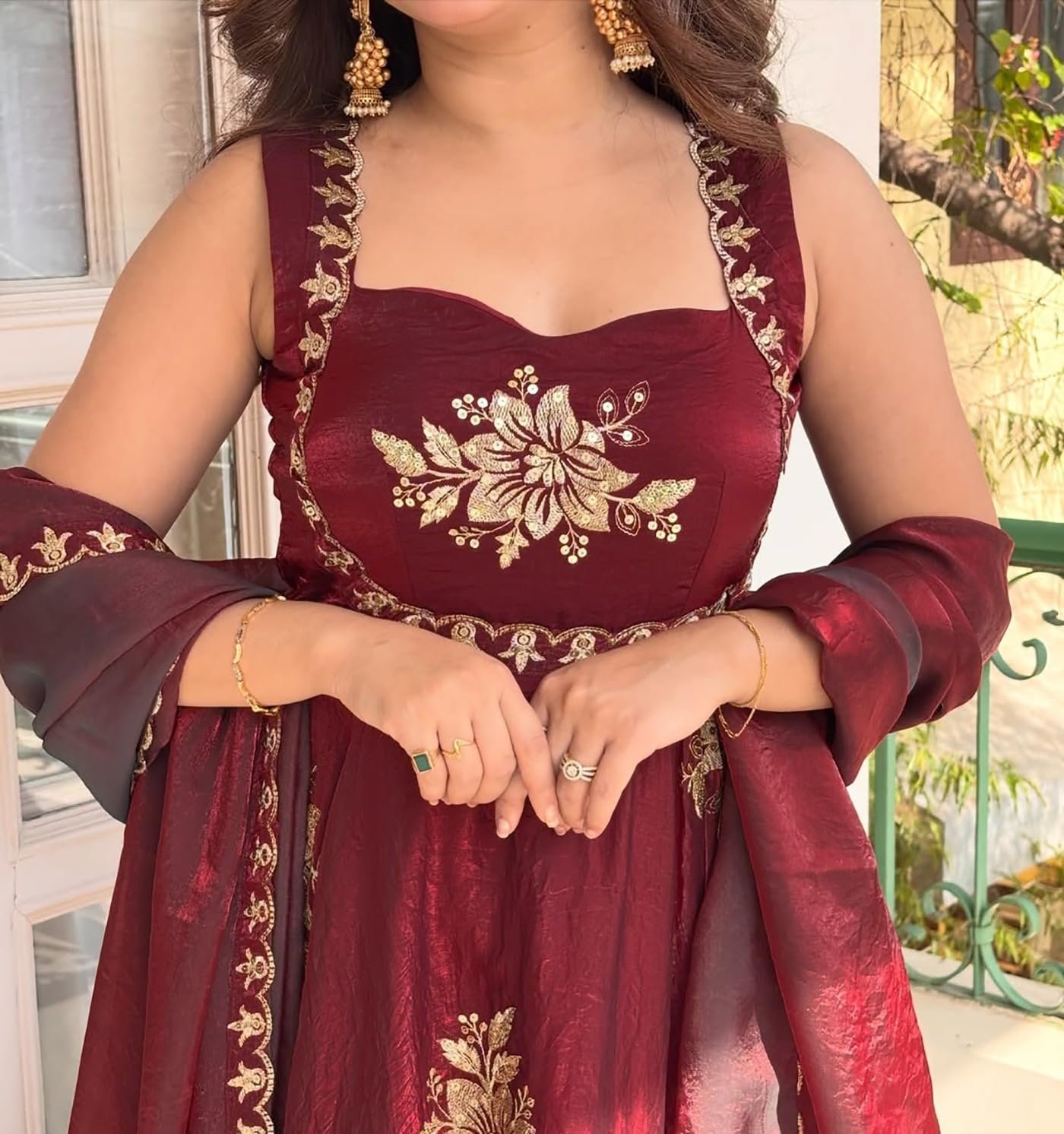 Women's Embroidered Anarkali Kurta Set with Dupatta | Sleeveless Ethnic Suit Set for Wedding, Festive, Party, Traditional, Function & Celebration Wear (IN, Alpha, Regular, maroon) - Image 7