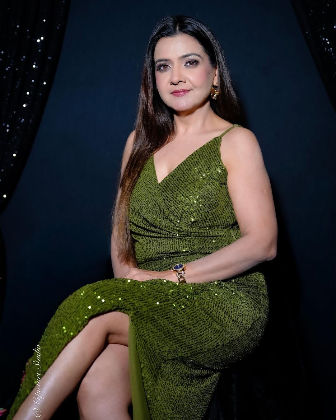 Women's Olive Green Sequin Maxi Gown with Front Slit - Image 8
