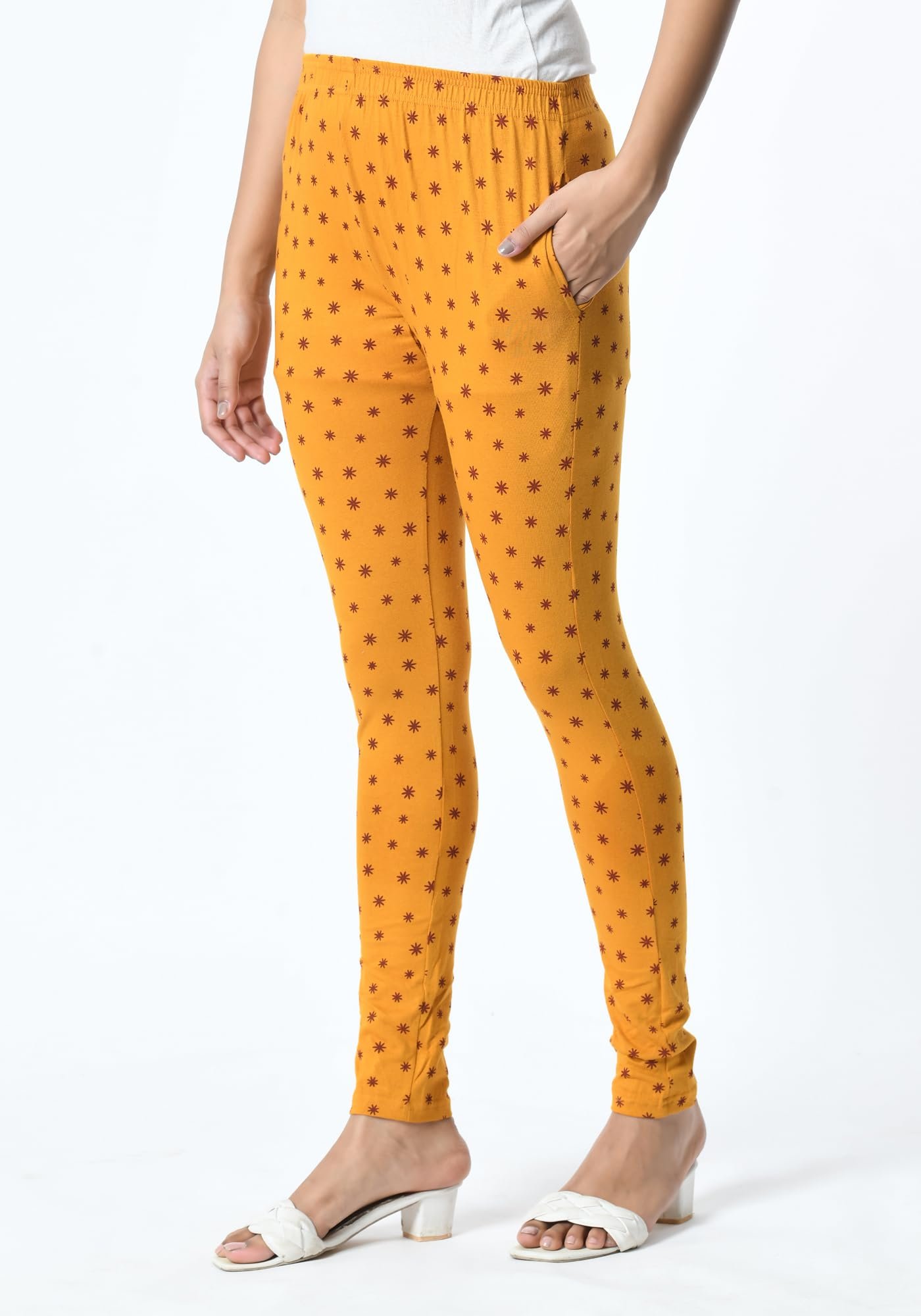 Women Cotton Printed Slim Side Pocket Leggings Pants (Pack of 3) Mustard,Bottle Green,Olive - Image 6