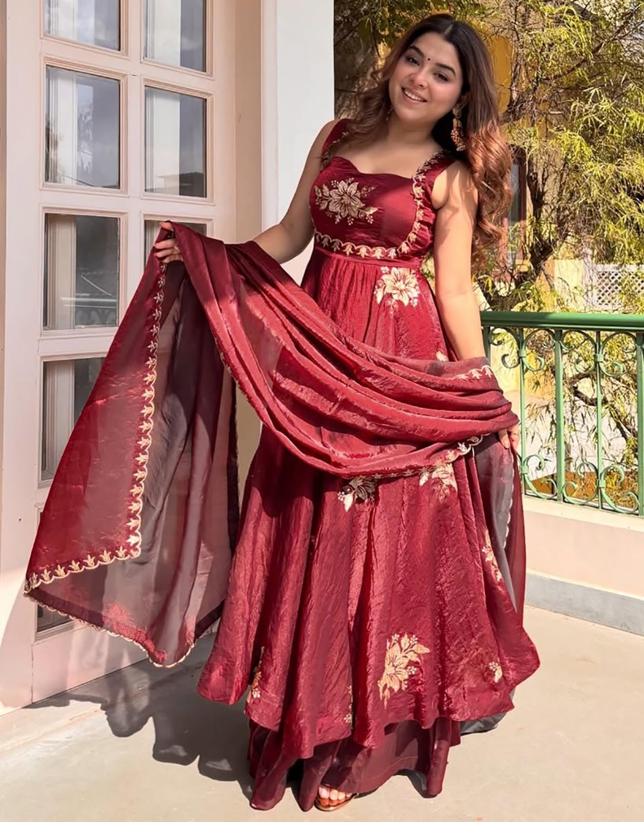 Women's Embroidered Anarkali Kurta Set with Dupatta | Sleeveless Ethnic Suit Set for Wedding, Festive, Party, Traditional, Function & Celebration Wear (IN, Alpha, Regular, maroon) - Image 4