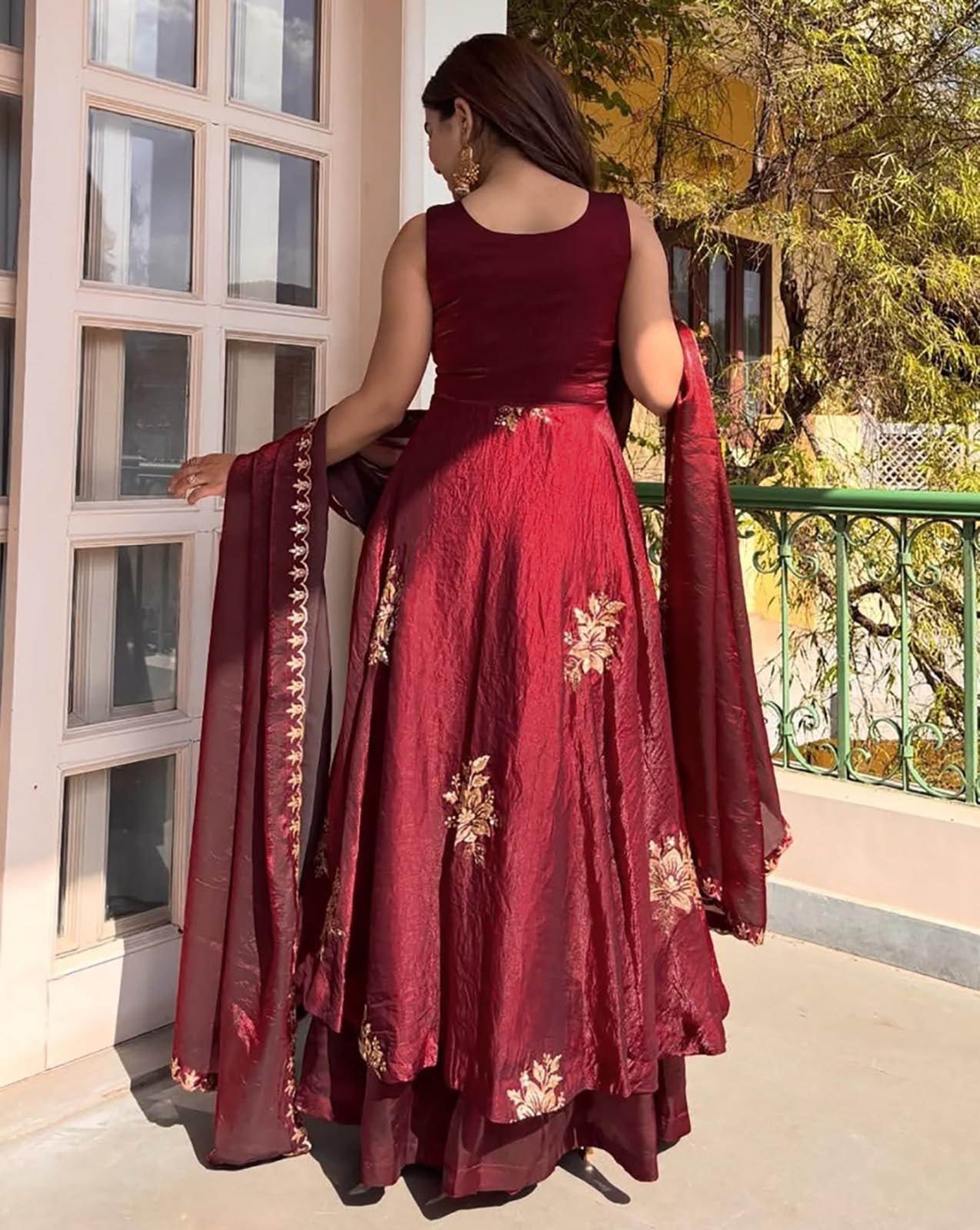 Women's Embroidered Anarkali Kurta Set with Dupatta | Sleeveless Ethnic Suit Set for Wedding, Festive, Party, Traditional, Function & Celebration Wear (IN, Alpha, Regular, maroon) - Image 6