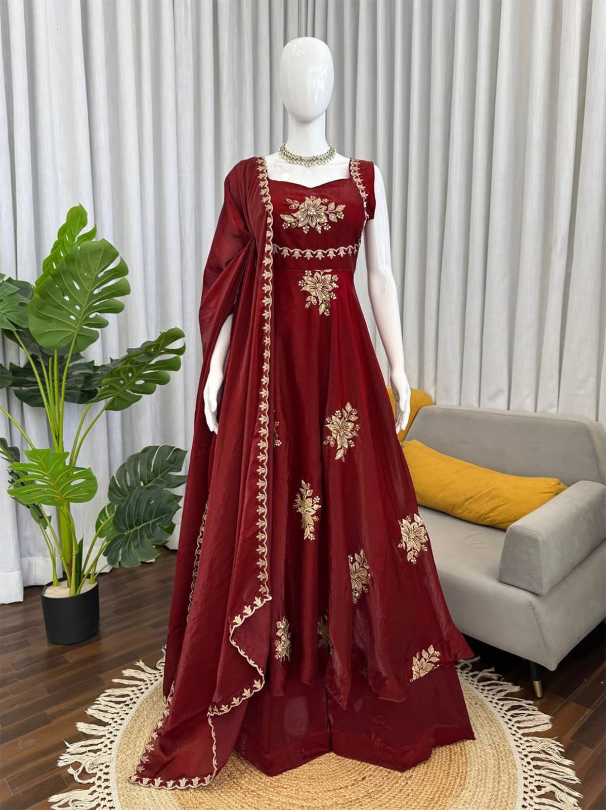 Women's Embroidered Anarkali Kurta Set with Dupatta | Sleeveless Ethnic Suit Set for Wedding, Festive, Party, Traditional, Function & Celebration Wear (IN, Alpha, Regular, maroon) - Image 3