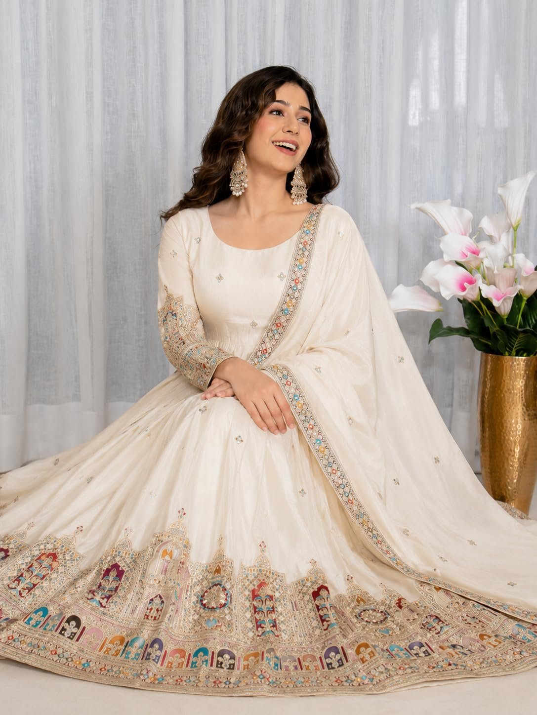 Girl's Fashion Hub's Navy Blue Color Anarkali Gown with Dupatta, Gold Embroidery, Ethnic Wear for Women (in, Alpha, 3XL, Regular, Off White) - Image 3