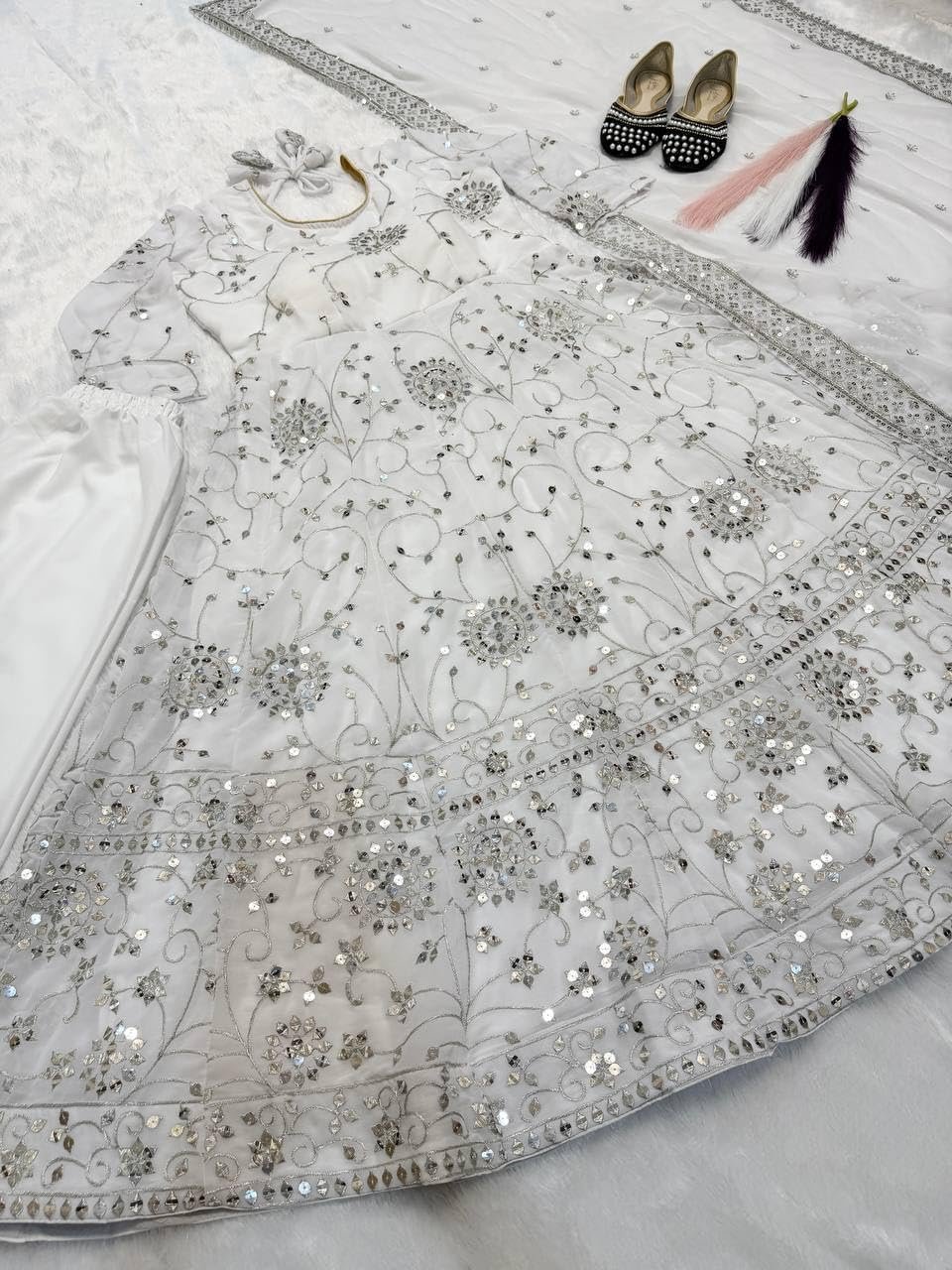 Women Faux Georgette Anarkali Gown Set with Dupatta Embroidery Sequins Work Ethnic Wear White - Image 6